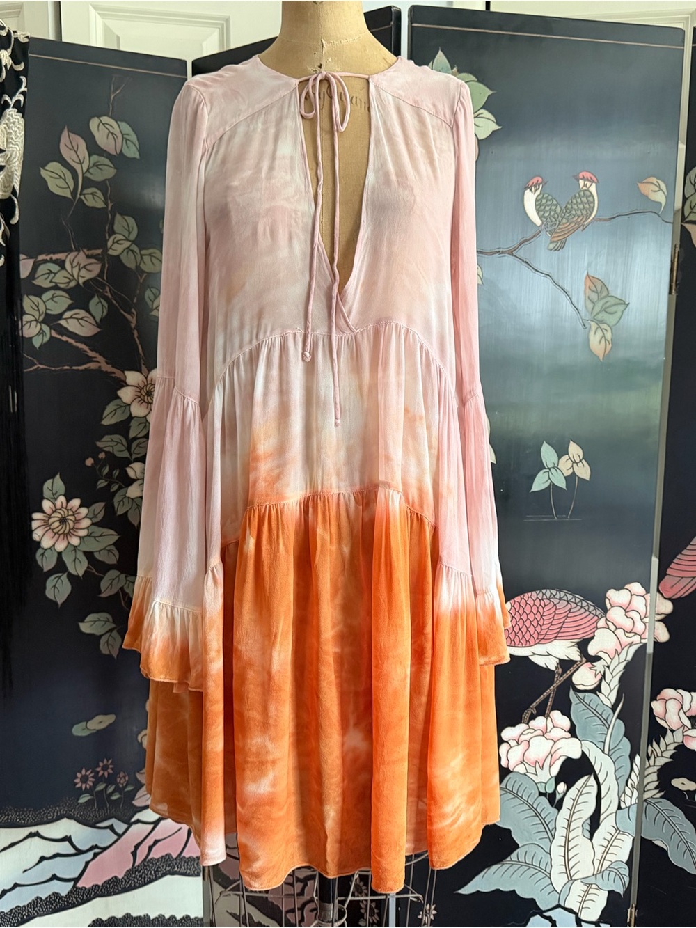 Young Fabulous & Broke Silk Tie-Dye Babydoll Dress Tunic Blush Pink & Orange XS